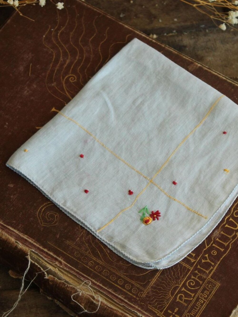 Vintage 1940s 1950s Handkerchief, Blue Linen with Embroidered Flowers in Red and